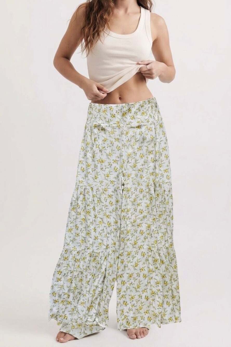 Forever 21 Yellow Floral Smocked Waist Wide-Leg Tiered Pants